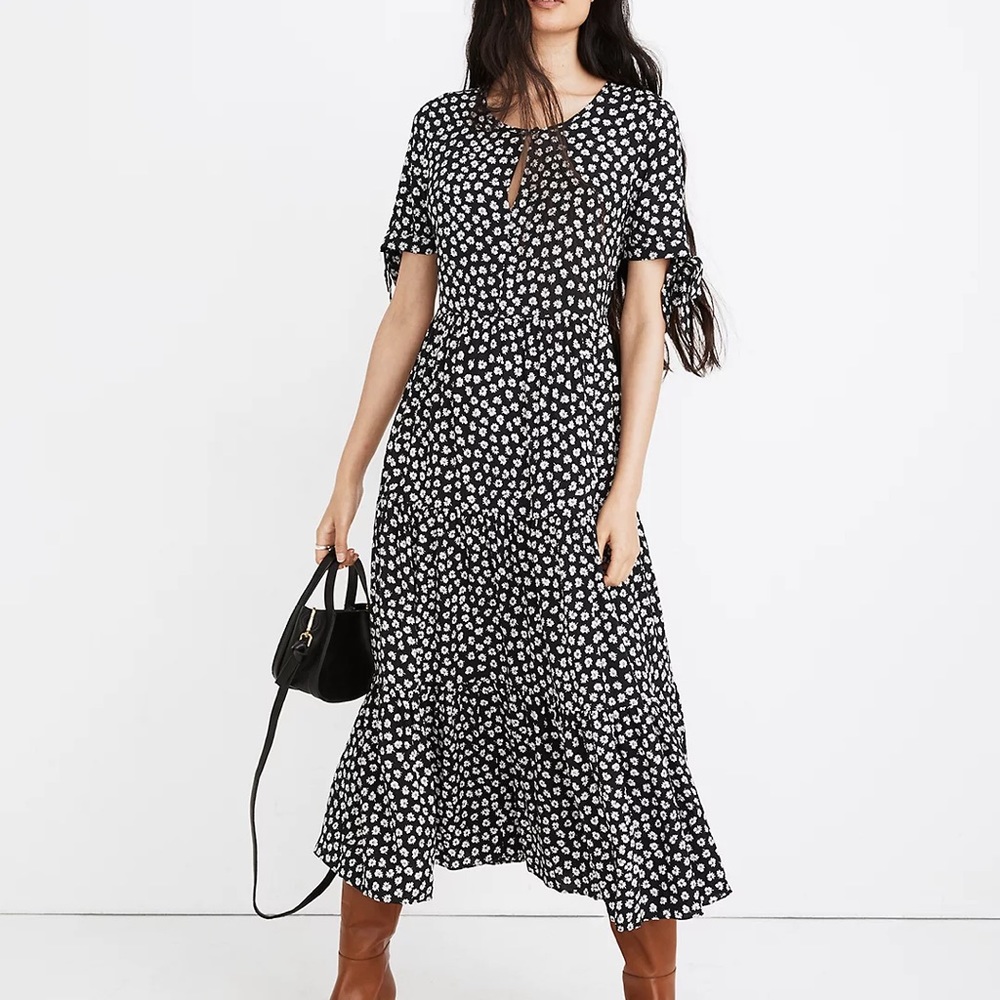 Tie-Sleeve Tiered Midi Dress in Woodcut Flowers MADEWELL